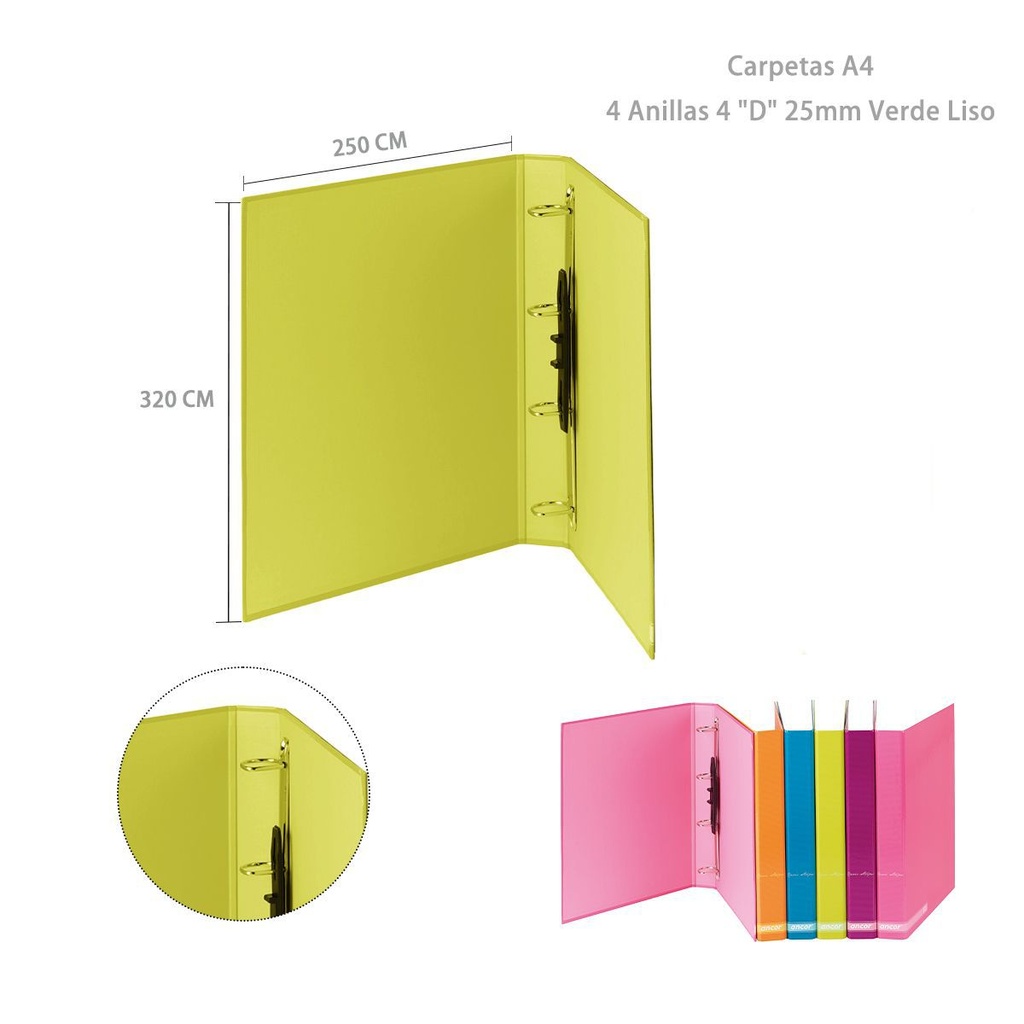 Carpeta A4 de 4 anillas verde para archivado y organización