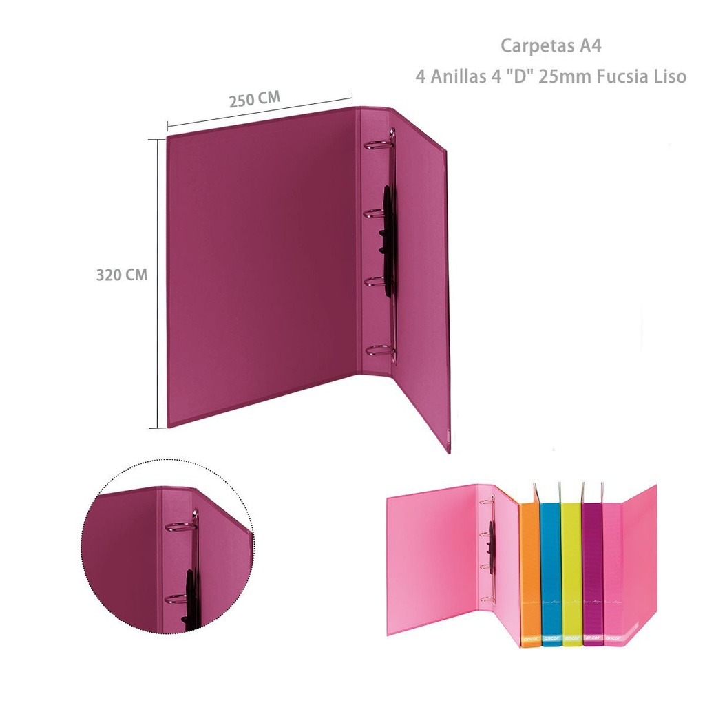 Carpeta A4 4 anillas 25mm fucsia liso para oficina y papelería