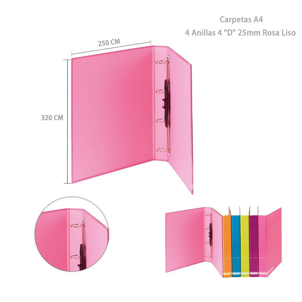 Carpetas A4 4 anillas 4 "D" 25 mm rosa liso - Papelería