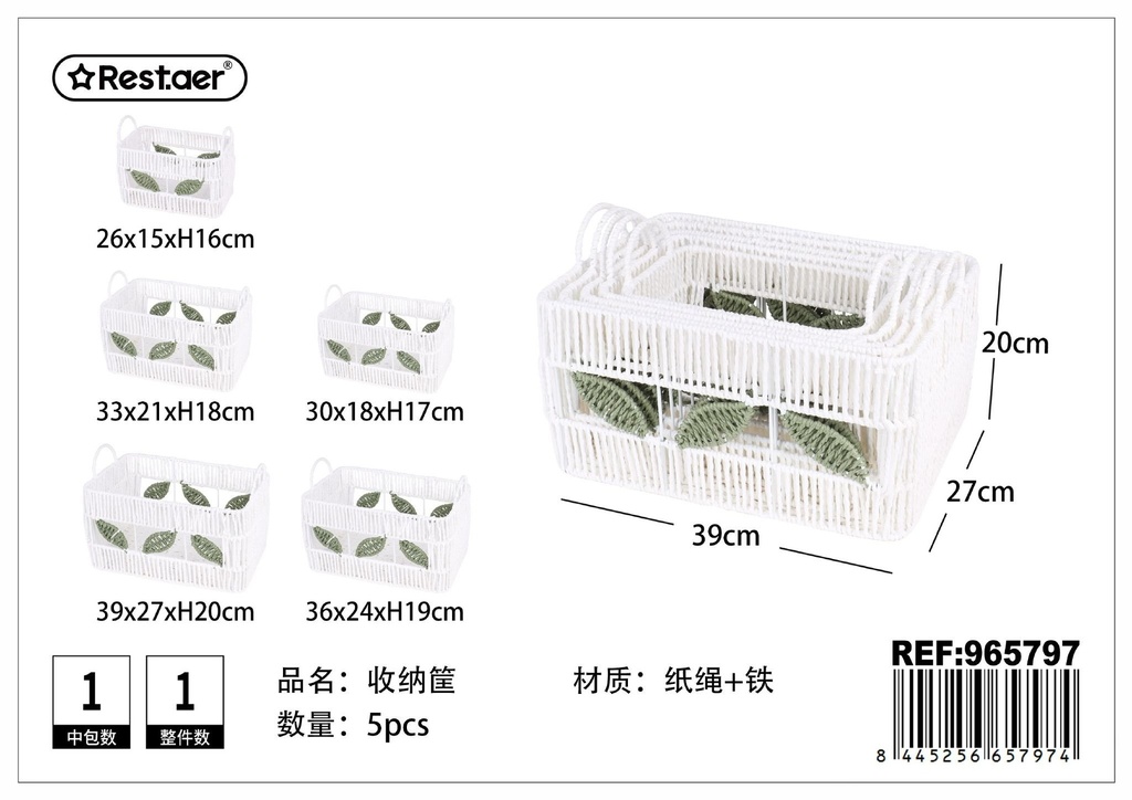 Cesta de almacenamiento rectangular de cuerda de papel 5 piezas - Almacenamiento y organización