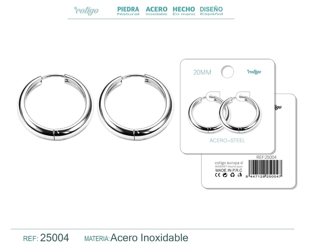 Aro de acero 20mm color plateado - Joyería y accesorios