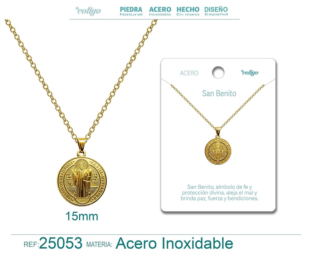 Colgante de San Benito de acero dorado - Joyas religiosas y colgantes