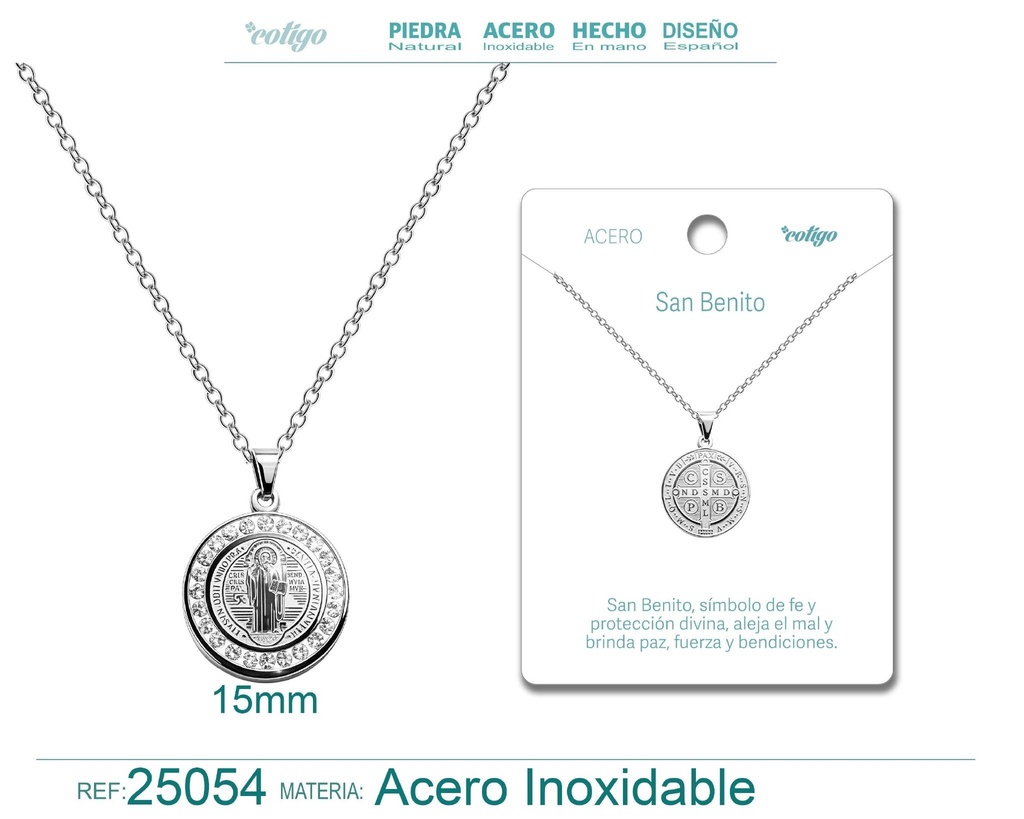 Colgante de San Benito de acero plateado - Joyas religiosas y colgantes