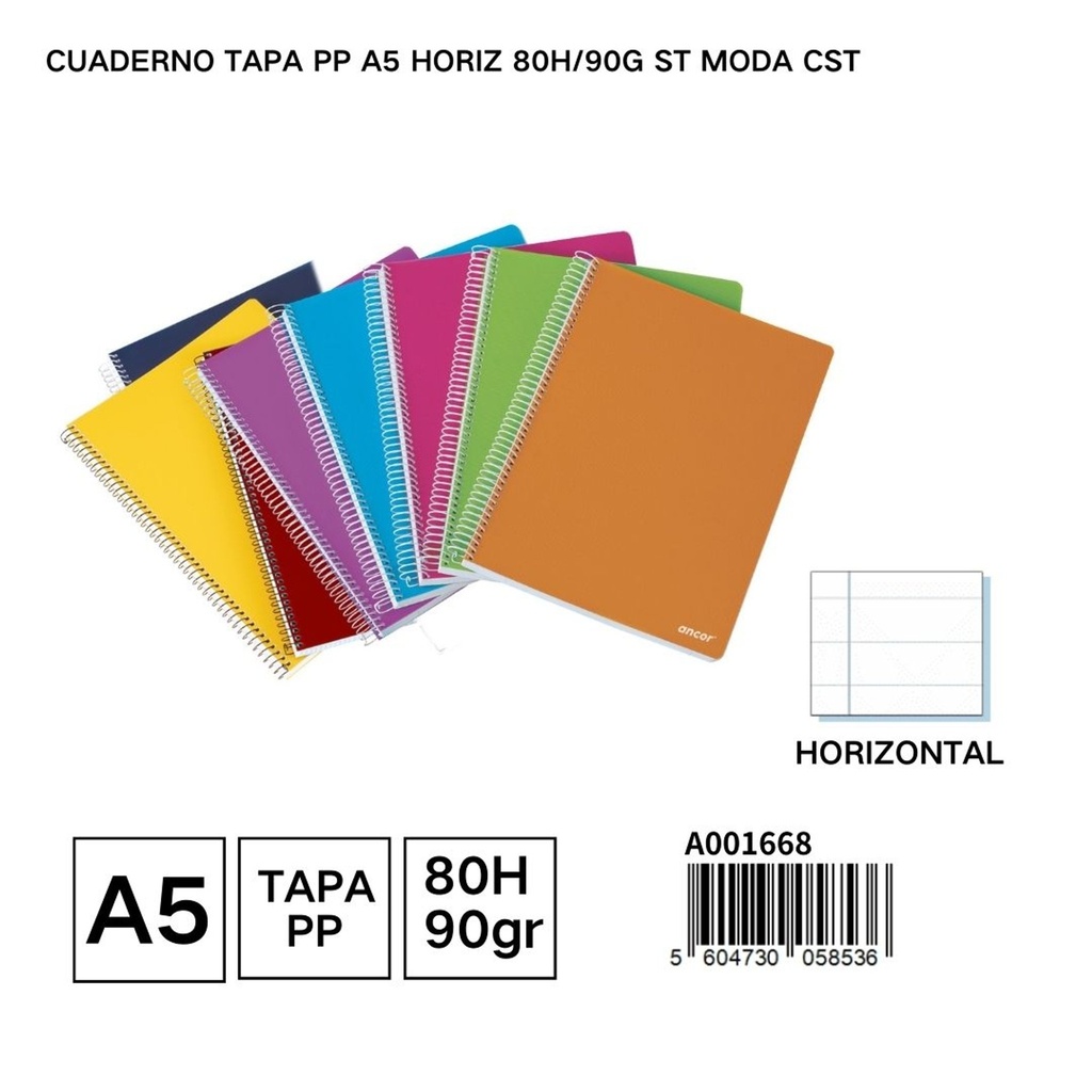Cuaderno A5 con tapa de plástico horizontal 80 hojas 90g para escritura