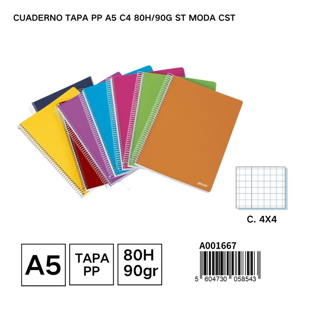 Cuaderno PP A5 cuadrado 80 páginas 90g - Cuaderno con tapa de plástico