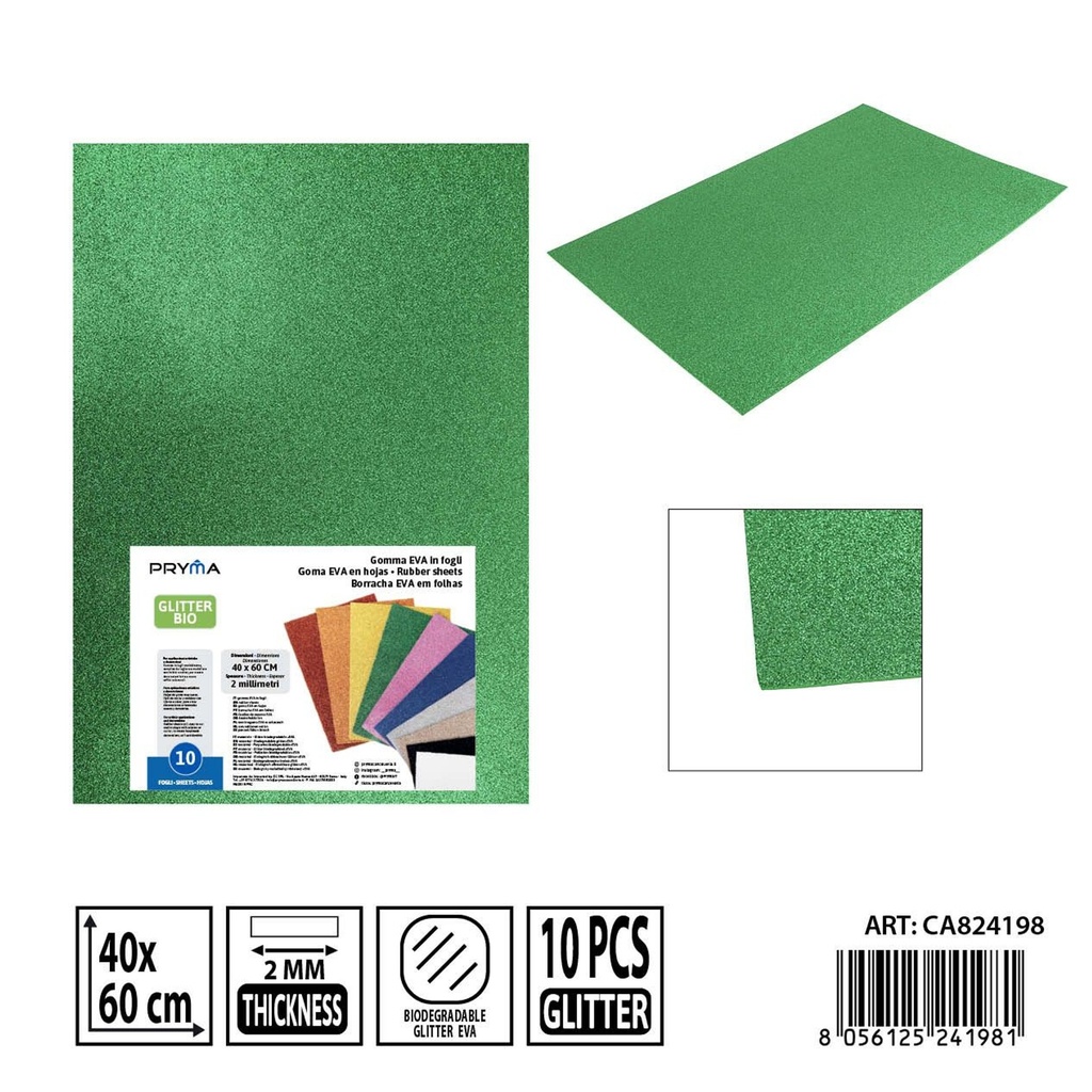 Goma EVA con purpurina bio 40x60 cm 2 mm verde - Material de arte y manualidades