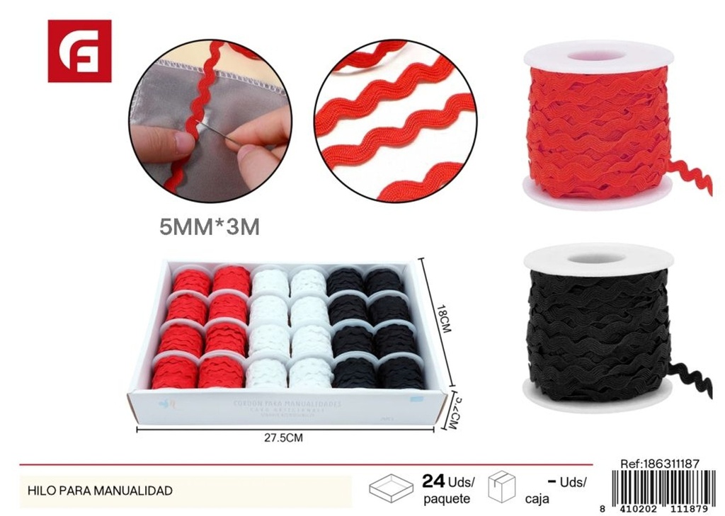 Cinta de ondas 0.5mm 3M blanca, negra y roja - Accesorios de costura y manualidades