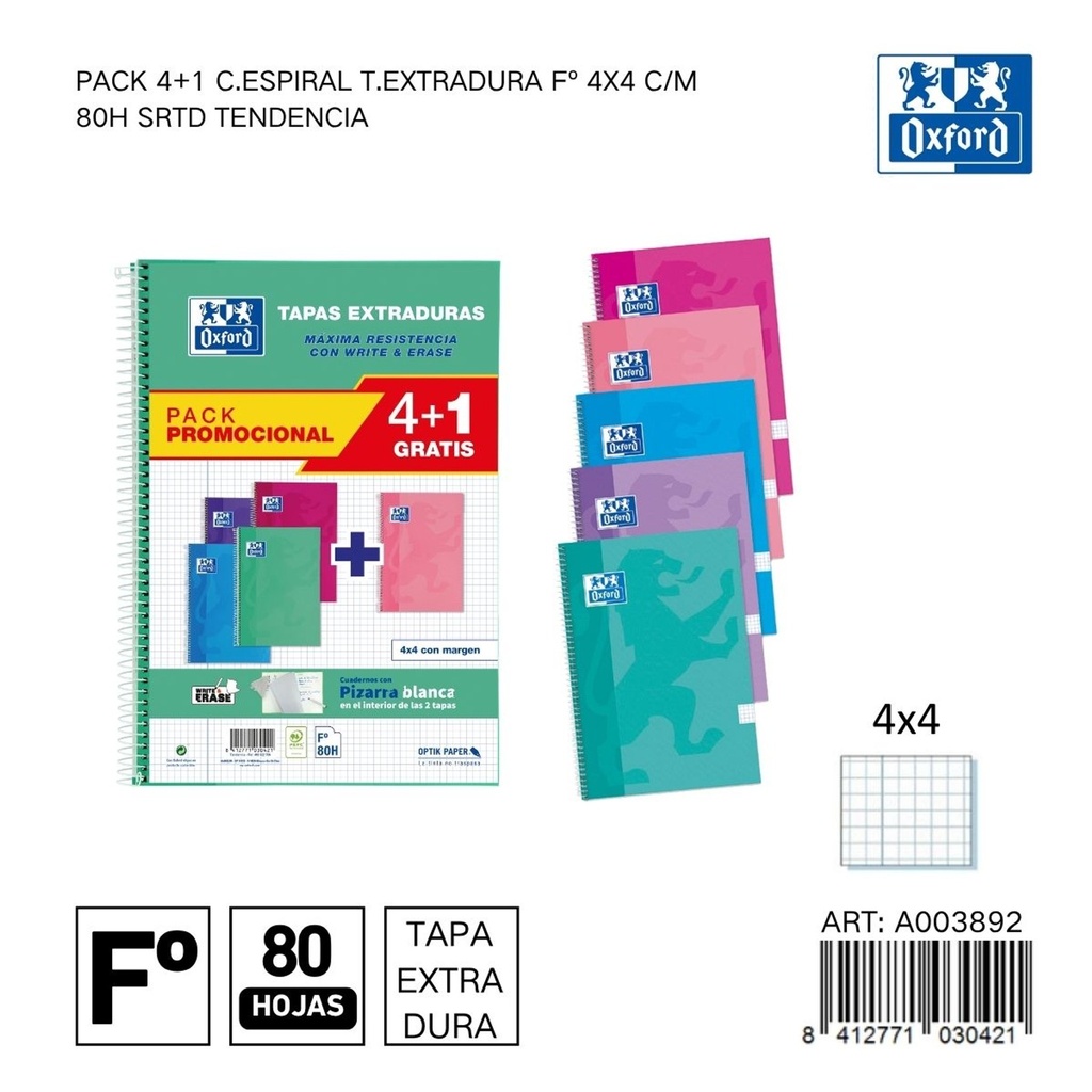 Cuaderno Oxford C.espiral T.extradura 4x4 5 unidades - Papelería y material escolar
