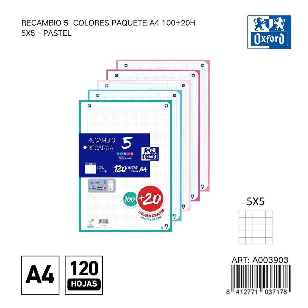 Recambio A4 120 hojas 5x5 Oxford - Papelería y material escolar