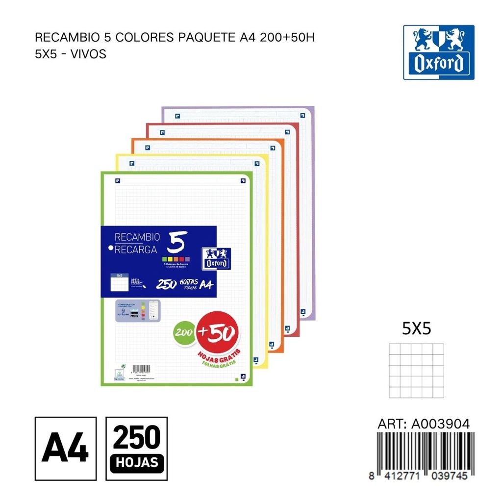 Recambio A4 250 hojas 5x5 Oxford - Papelería y material escolar