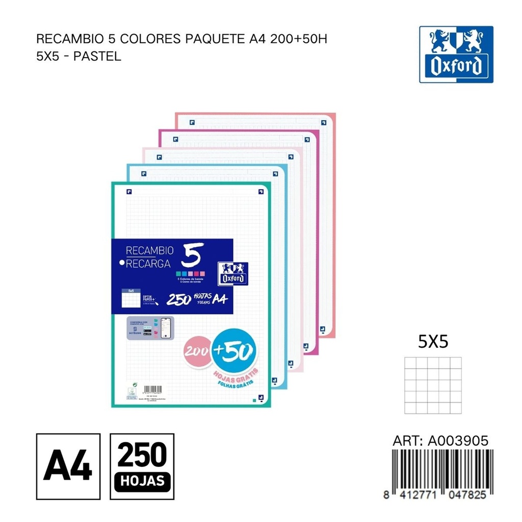 Recambio A4 250 hojas 5x5 Oxford - Papelería y material escolar