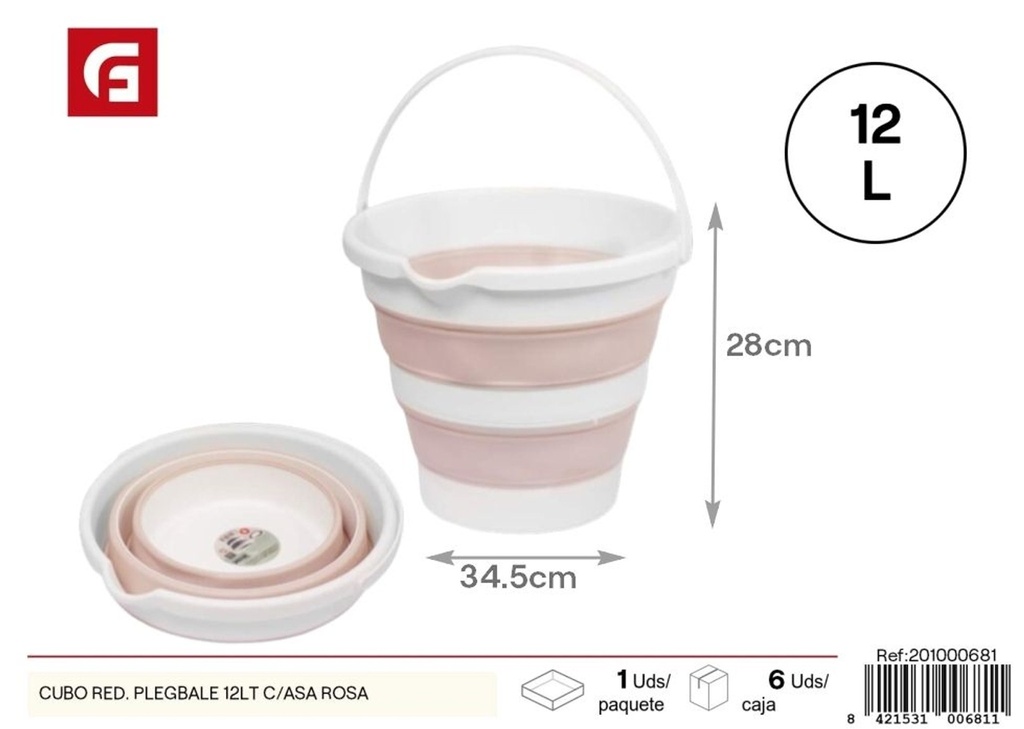 Cubo redondo plegable de 12 litros rosa con asas - Accesorios de hogar
