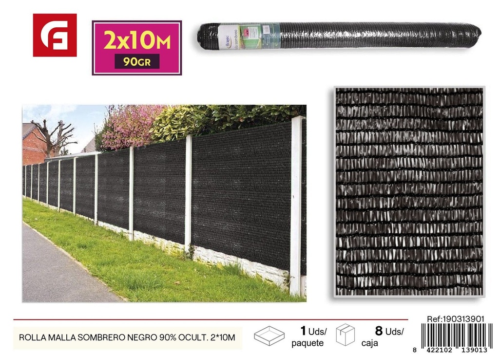 Rollo de malla de sombreo negro 90% ocultación 2x10m - Accesorios de jardín y mallas de sombra