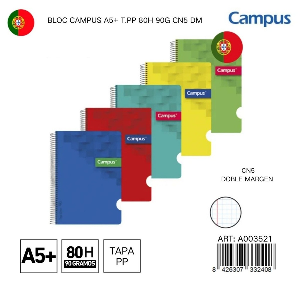 BLOC CAMPUS A5+ T.PP 80H 90G CN5 DM - Libreta espiral para estudiantes