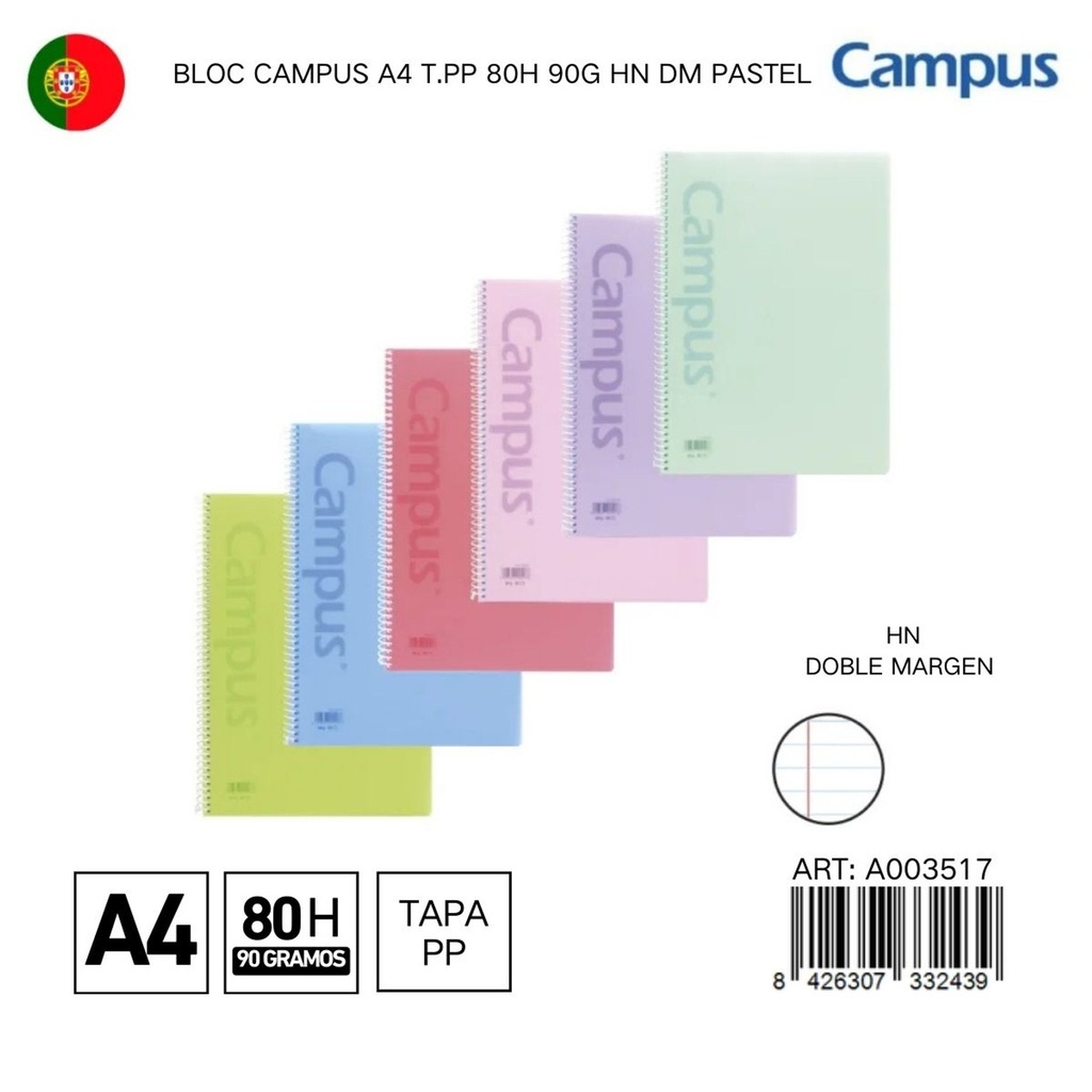 BLOC CAMPUS A4 T.PP 80H 90G HN DM PAS - Libreta con pasta de plástico y alta durabilidad