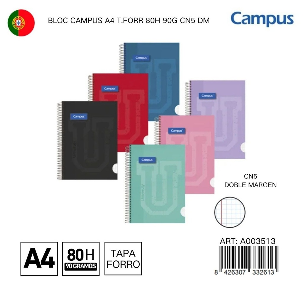 BLOC CAMPUS A4 T.FORR 80H 90G CN5 DM - Libreta con tapas duras para mayor resistencia