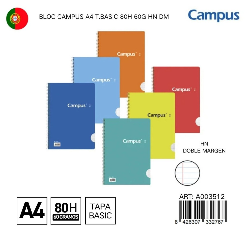 BLOC CAMPUS A4 T.BASIC 80H 60G HN DM - Libreta espiral con tapa blanda