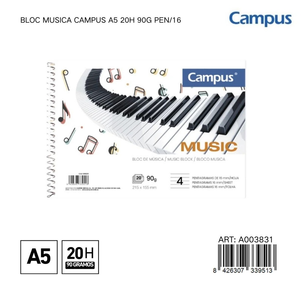 BLOC MUSICA CAMPUS A5 20H 90G PEN/16 - Libreta musical de formato A5