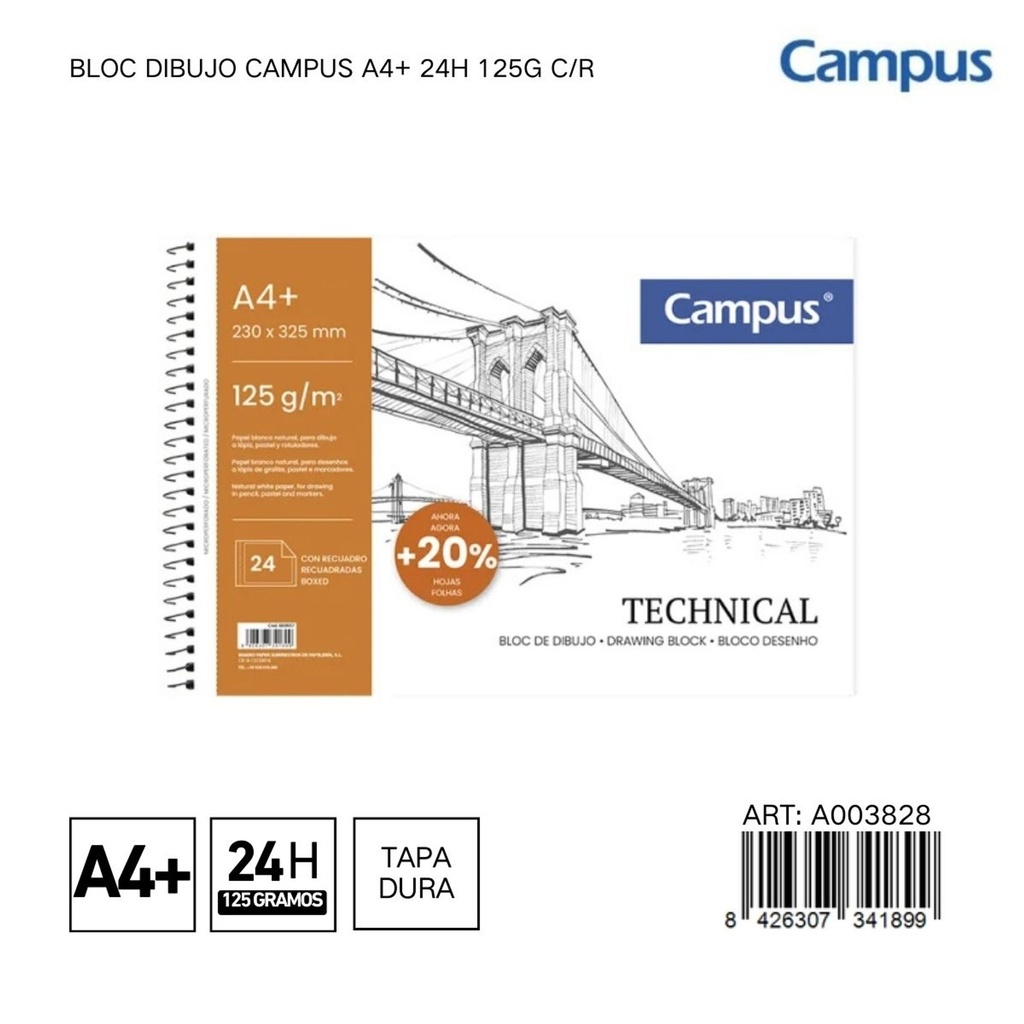 BLOC DIBUJO CAMPUS A4+ 24H 125G C/R - Libreta para dibujantes y artistas