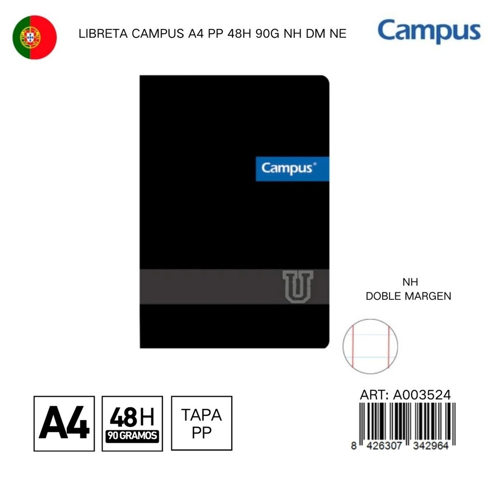 LIBRETA CAMPUS A4 PP 48H 90G NH DM NE - Libreta con diseño atractivo y práctico