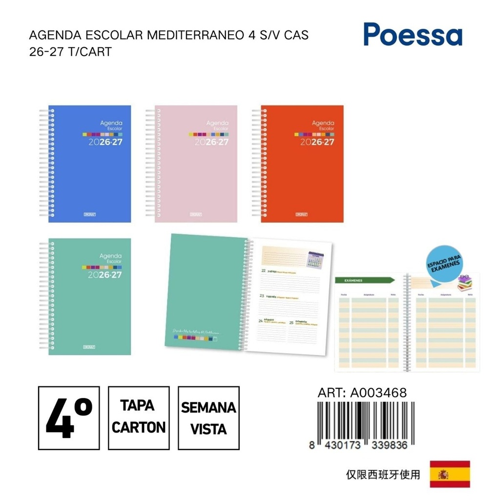 Agenda escolar Mediterráneo 4º S/V con cartón - Material escolar y organización