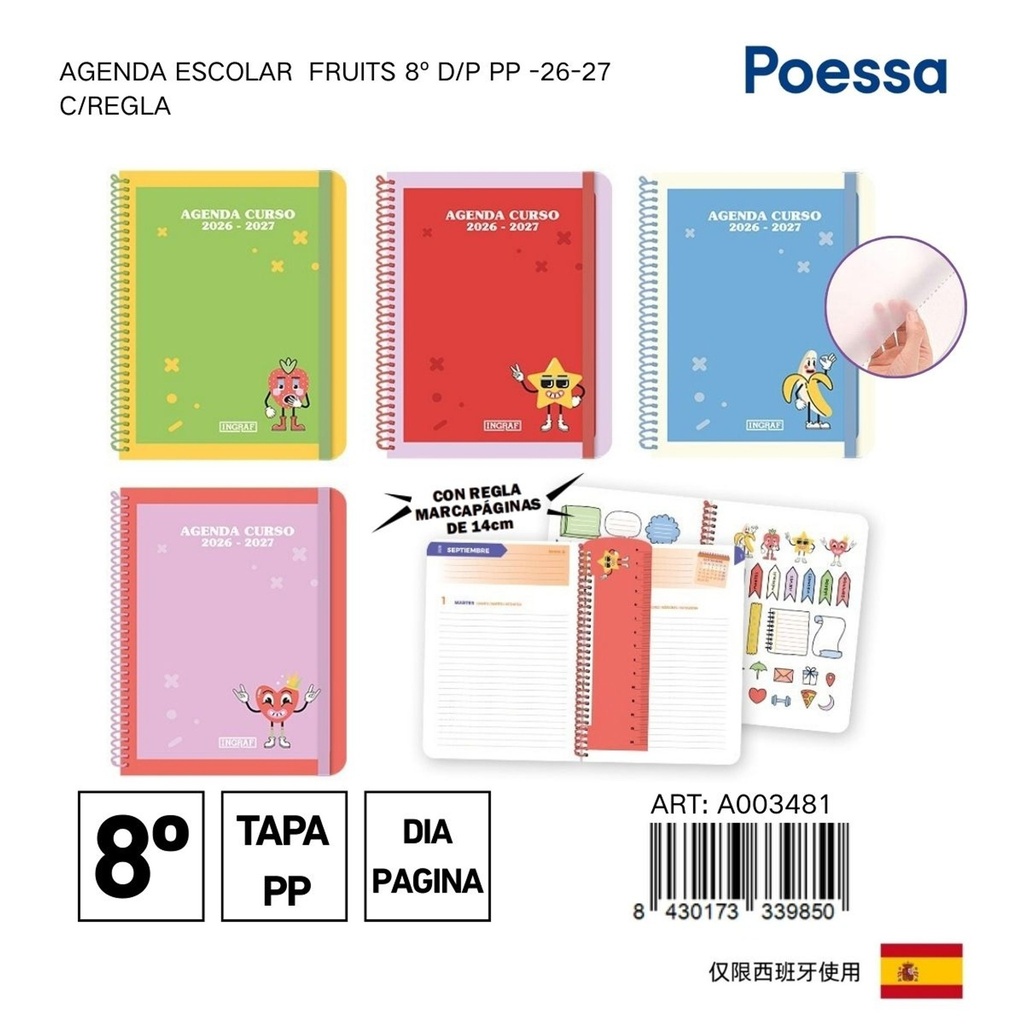 Agenda escolar Fruits 8º D/P con regla - Material escolar y organización