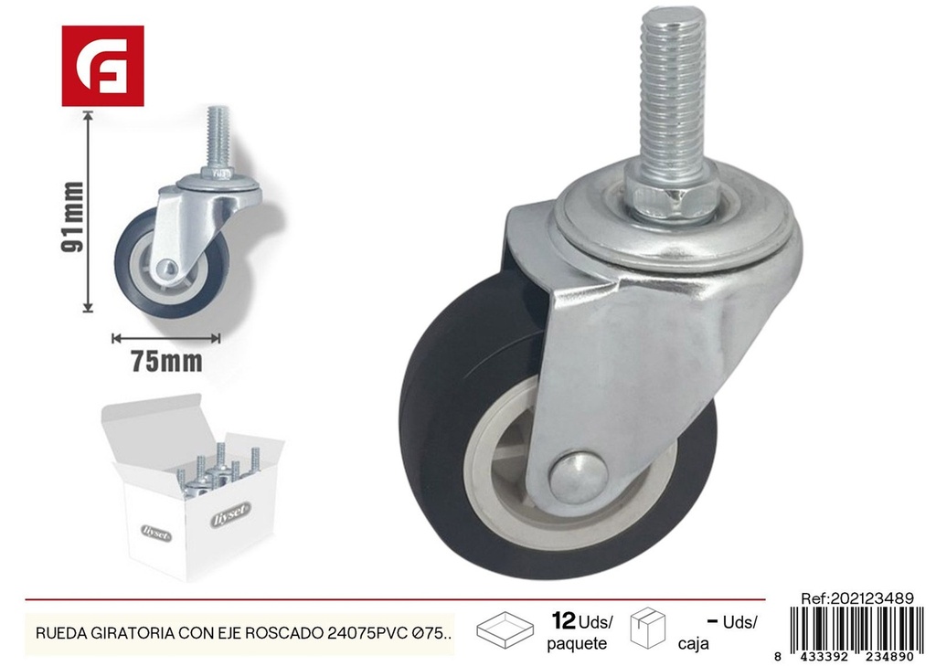 Rueda giratoria con eje roscado 24075PVC Ø75 mm - Accesorios de ferretería y ruedas