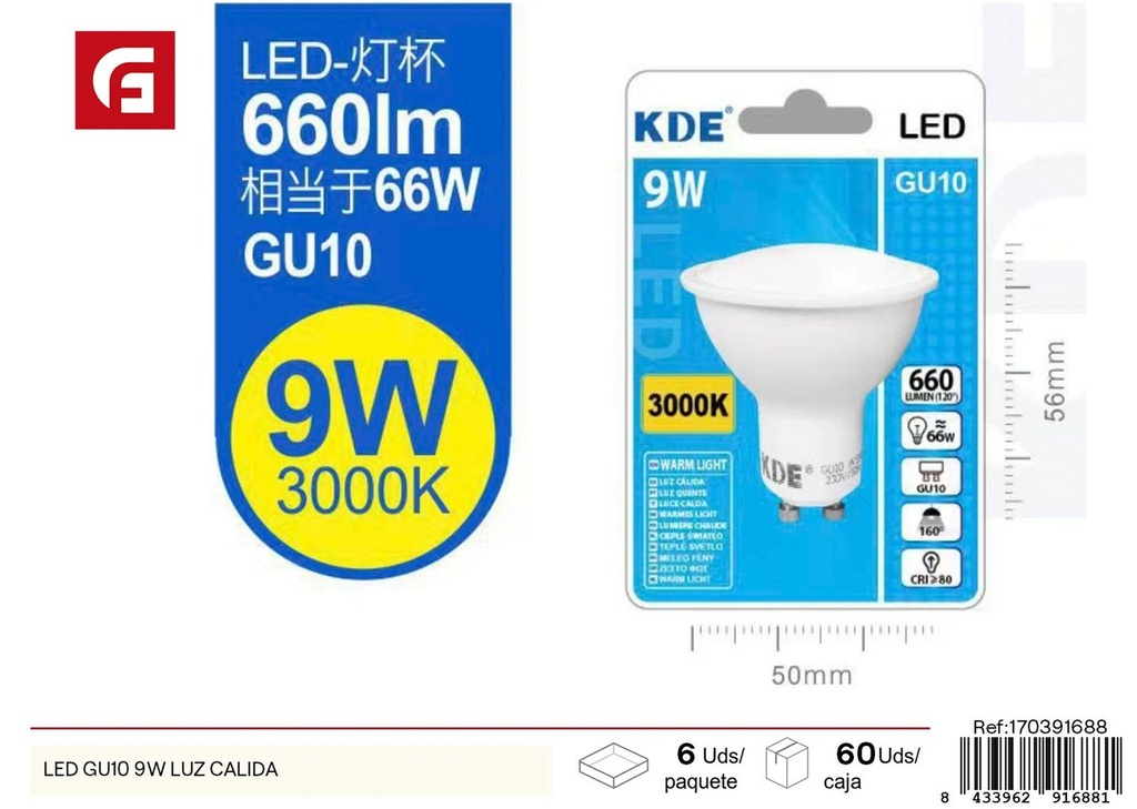 Foco LED GU10 9W luz cálida - Iluminación y bombillas LED