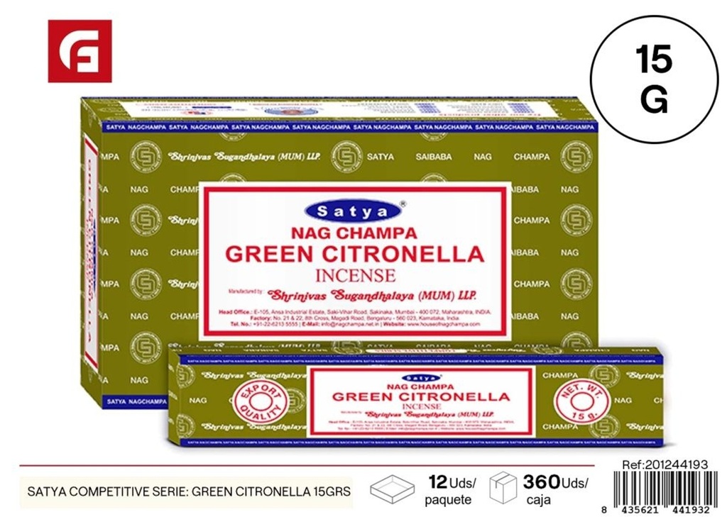 Incienso Satya Competitive: Green citronella 15 grs - Ambientadores y aromáticas