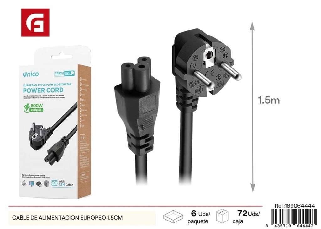 Cable de alimentación europeo 1.5 m - Suministros eléctricos