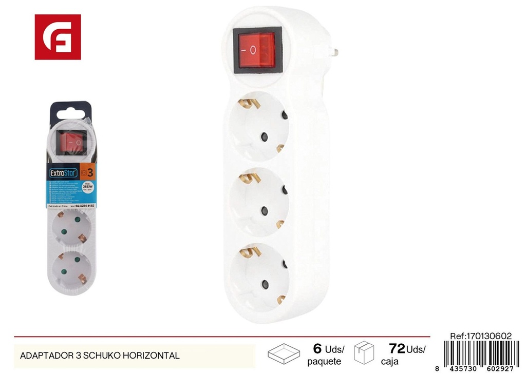 Adaptador Schuko horizontal de tres hoyos - Accesorios eléctricos y adaptadores de enchufe