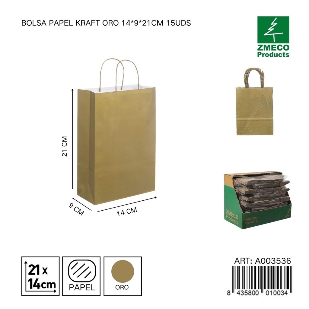 Bolsa papel kraft oro 14x9x21 cm 15 uds - Embalaje y productos de papel