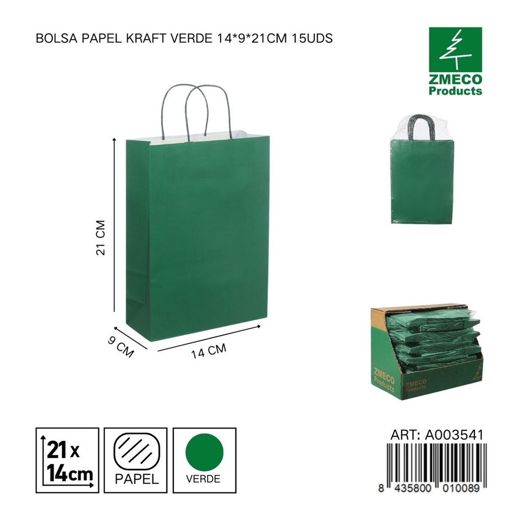 Bolsa papel kraft verde 14x9x21 cm 15 uds - Embalaje y productos de papel