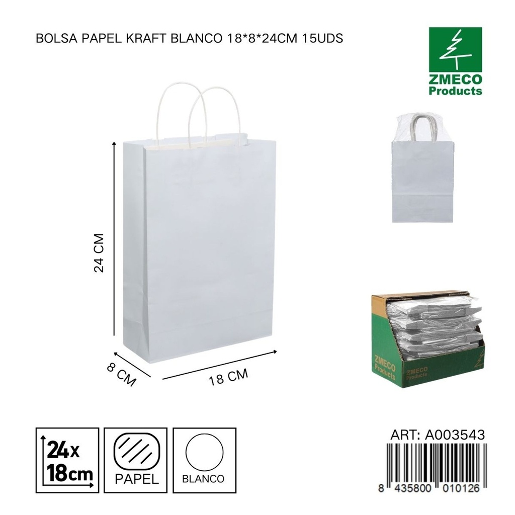 Bolsa papel kraft blanco 18x8x24 cm 15 uds - Embalaje y productos de papel