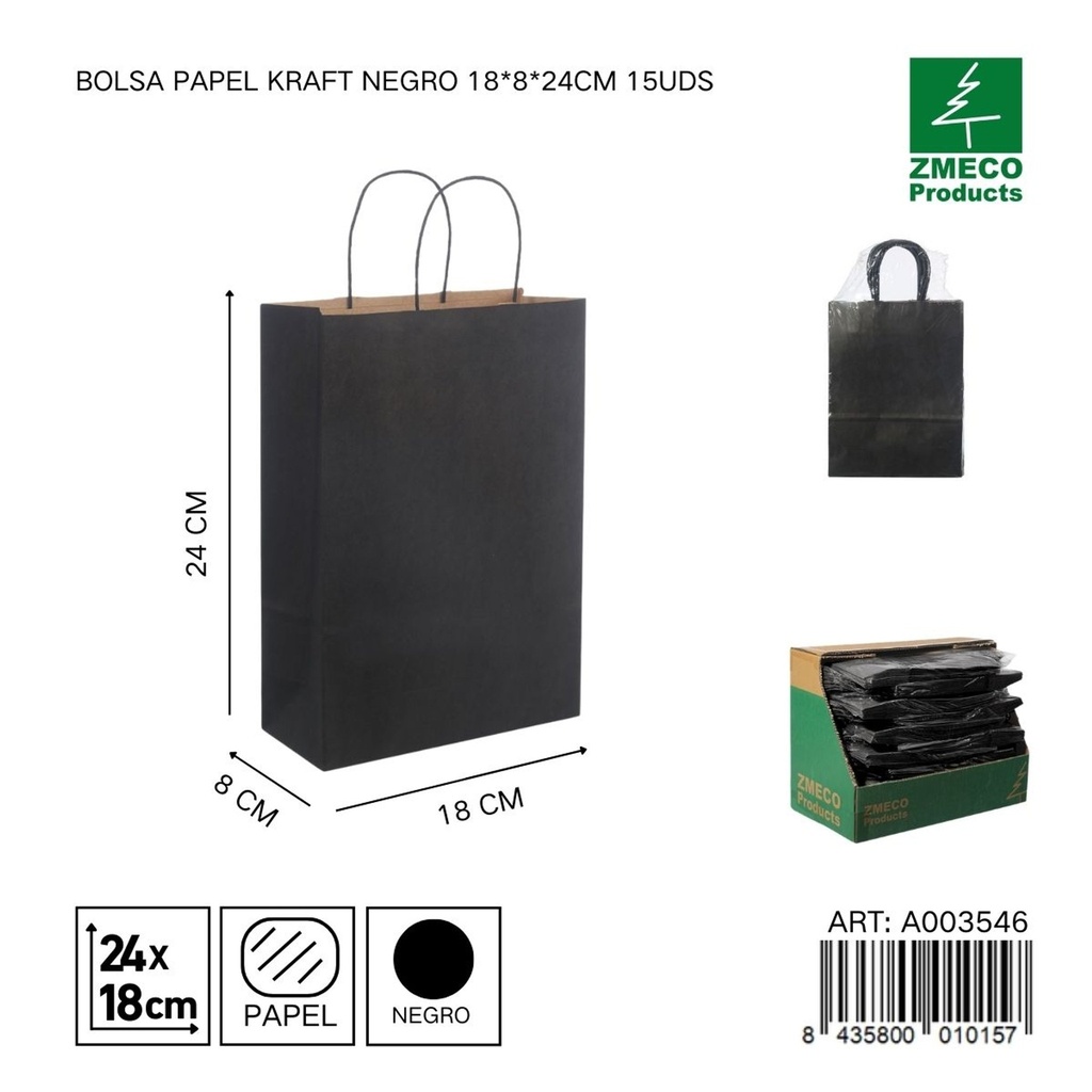 Bolsa papel kraft negro 18x8x24 cm 15 uds - Embalaje y productos de papel