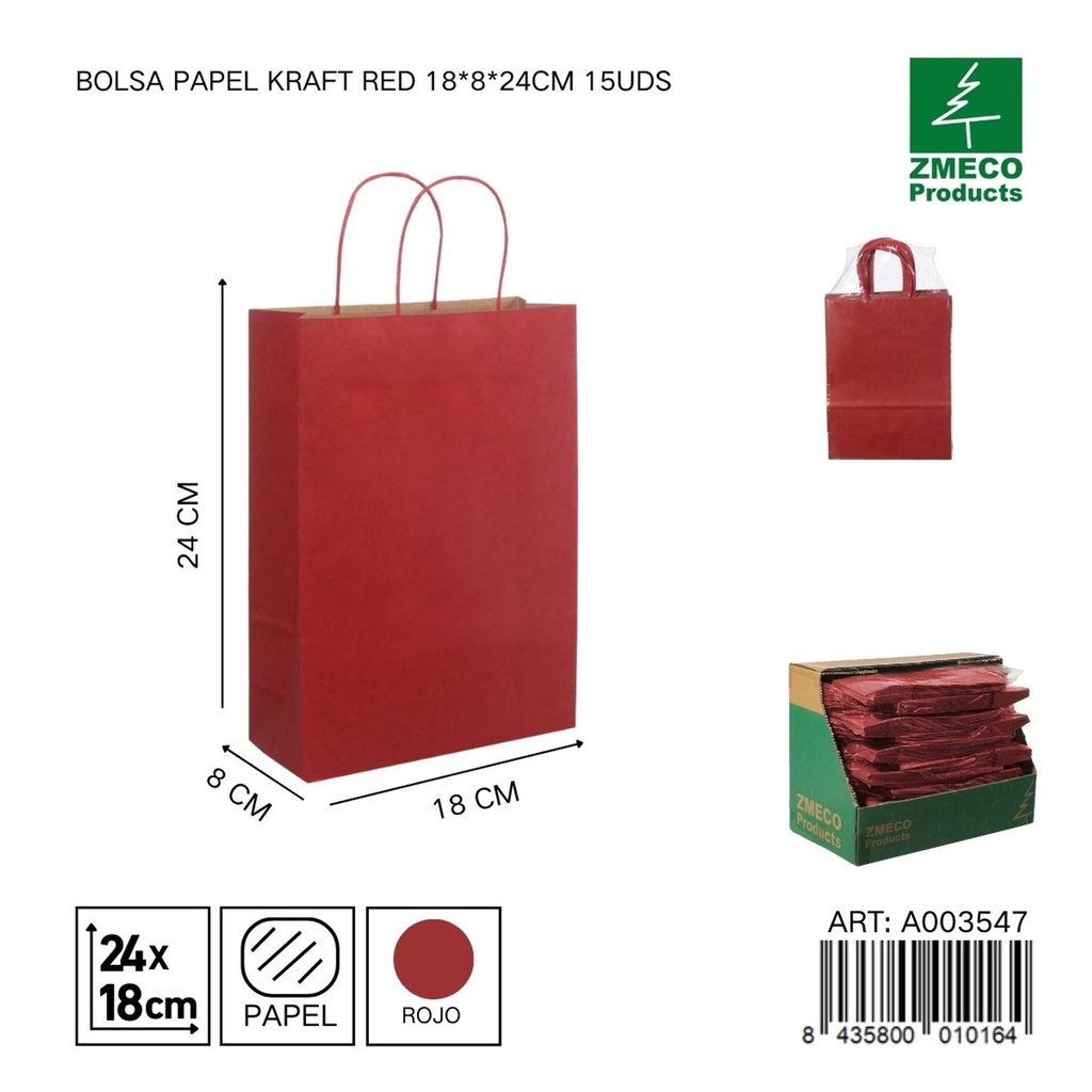 Bolsa papel kraft rojo 18x8x24 cm 15 uds - Embalaje y productos de papel