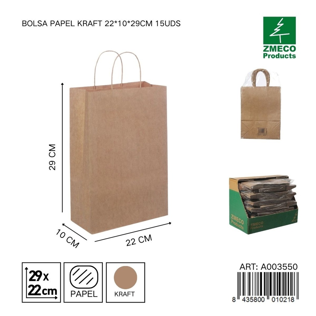 Bolsa de papel kraft 15 unidades 22*10*29 cm - Envíos y embalajes 