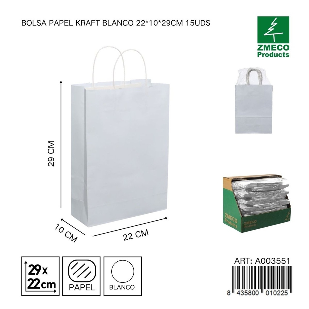 Bolsa de papel kraft blanca 15 unidades 22*10*29 cm - Envíos y embalajes 