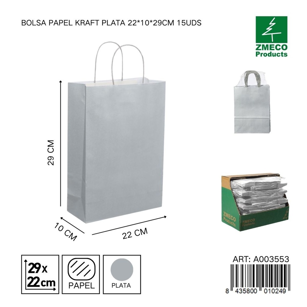 Bolsa de papel kraft plateada 15 unidades 22*10*29 cm - Envíos y embalajes 