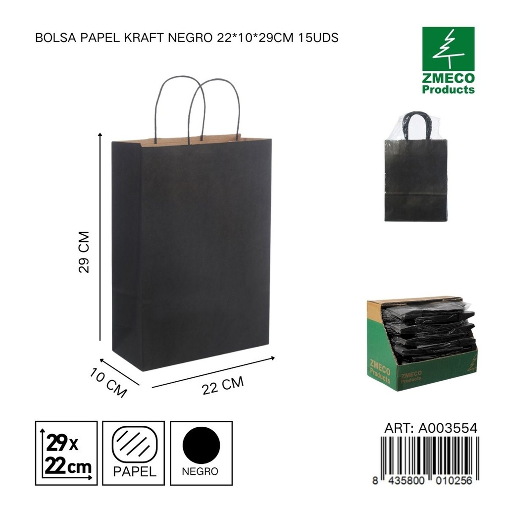 Bolsa de papel kraft negra 15 unidades 22*10*29 cm - Envíos y embalajes 