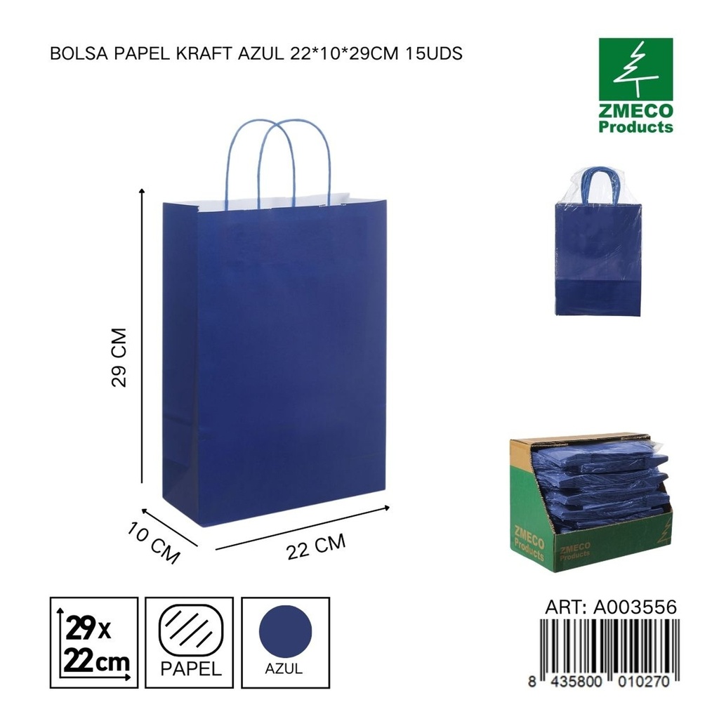 Bolsa de papel kraft azul 15 unidades 22*10*29 cm - Envíos y embalajes 