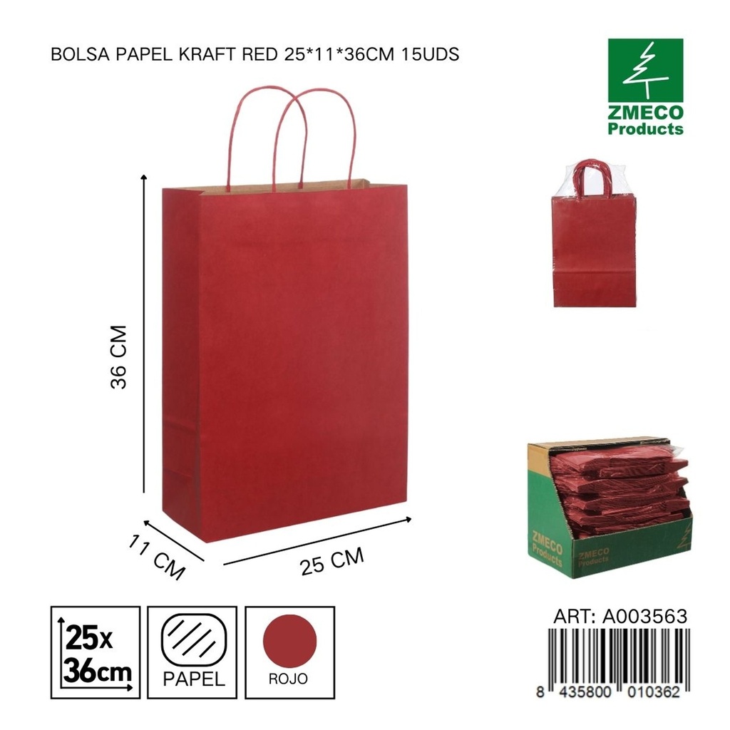 Bolsa de papel kraft roja 15 unidades 25*11*36 cm - Envíos y embalajes 