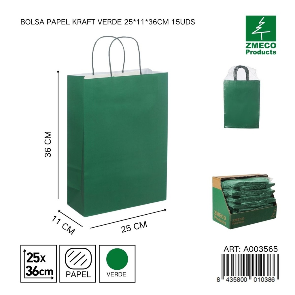 Bolsa papel kraft verde 25x11x36 cm 15 uds - Embalaje y productos de papel
