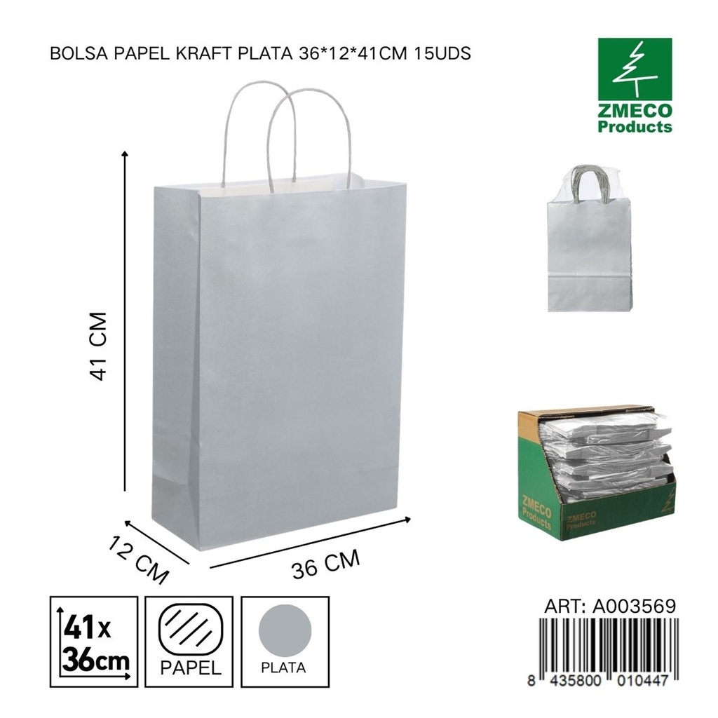 Bolsa papel kraft plata 36x12x41 cm 15 uds - Embalaje y productos de papel