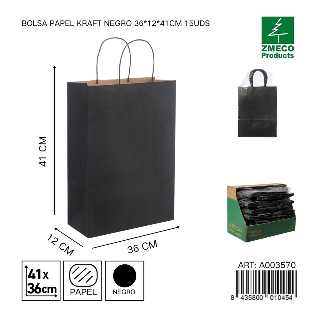 Bolsa papel kraft negro 36x12x41 cm 15 uds - Embalaje y productos de papel