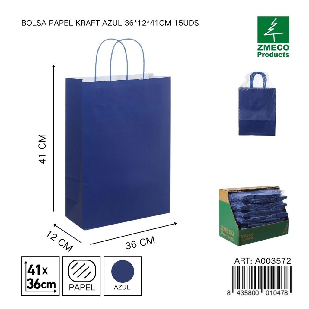 Bolsa papel kraft azul 36x12x41 cm 15 uds - Embalaje y productos de papel