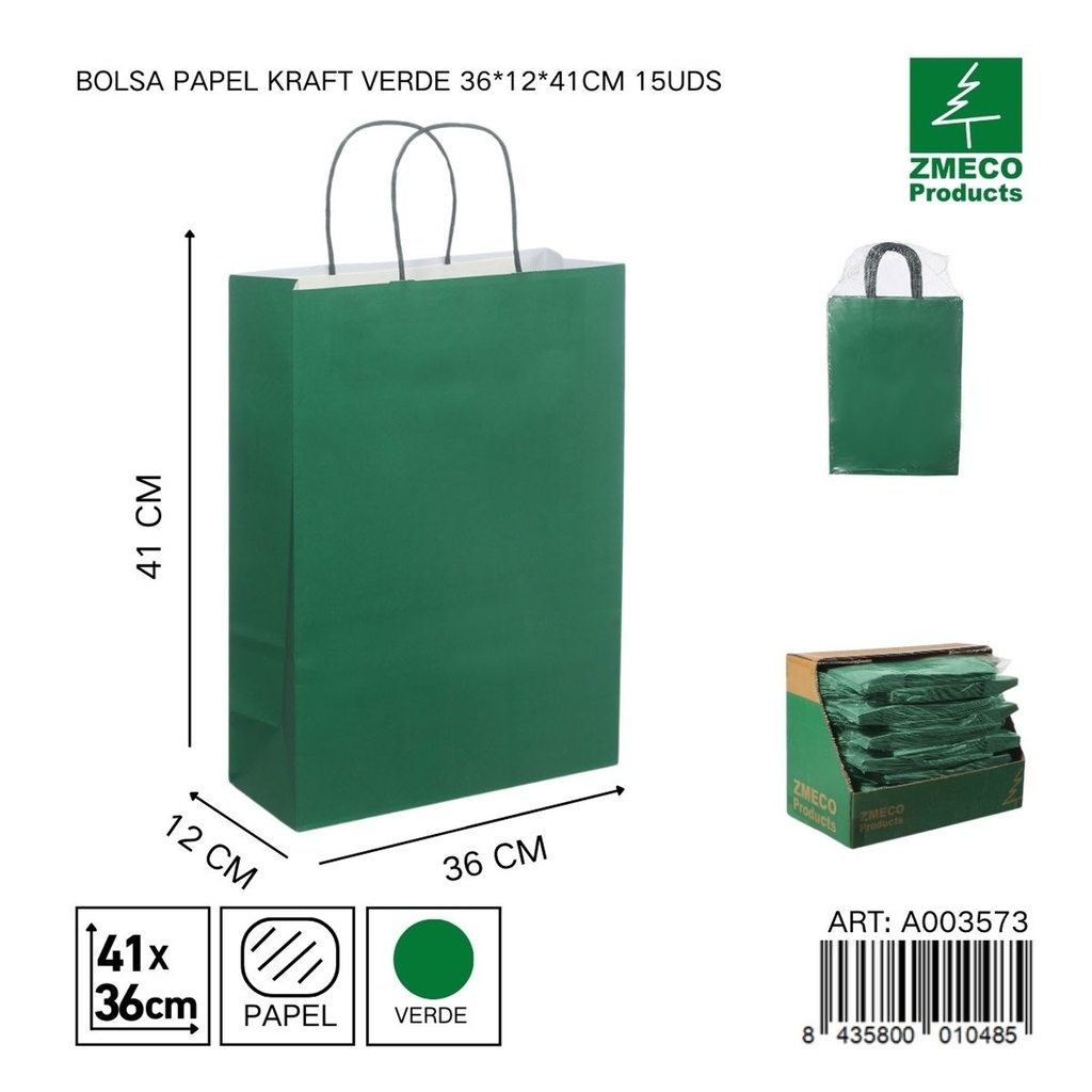 Bolsa papel kraft verde 36x12x41 cm 15 uds - Embalaje y productos de papel