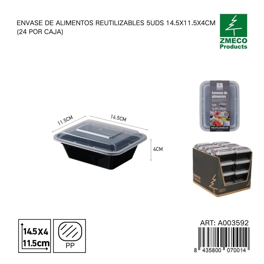 Envase de alimento reutilizable 5 unidades 14.5X11.5X4 cm - Almacenamiento en cocina