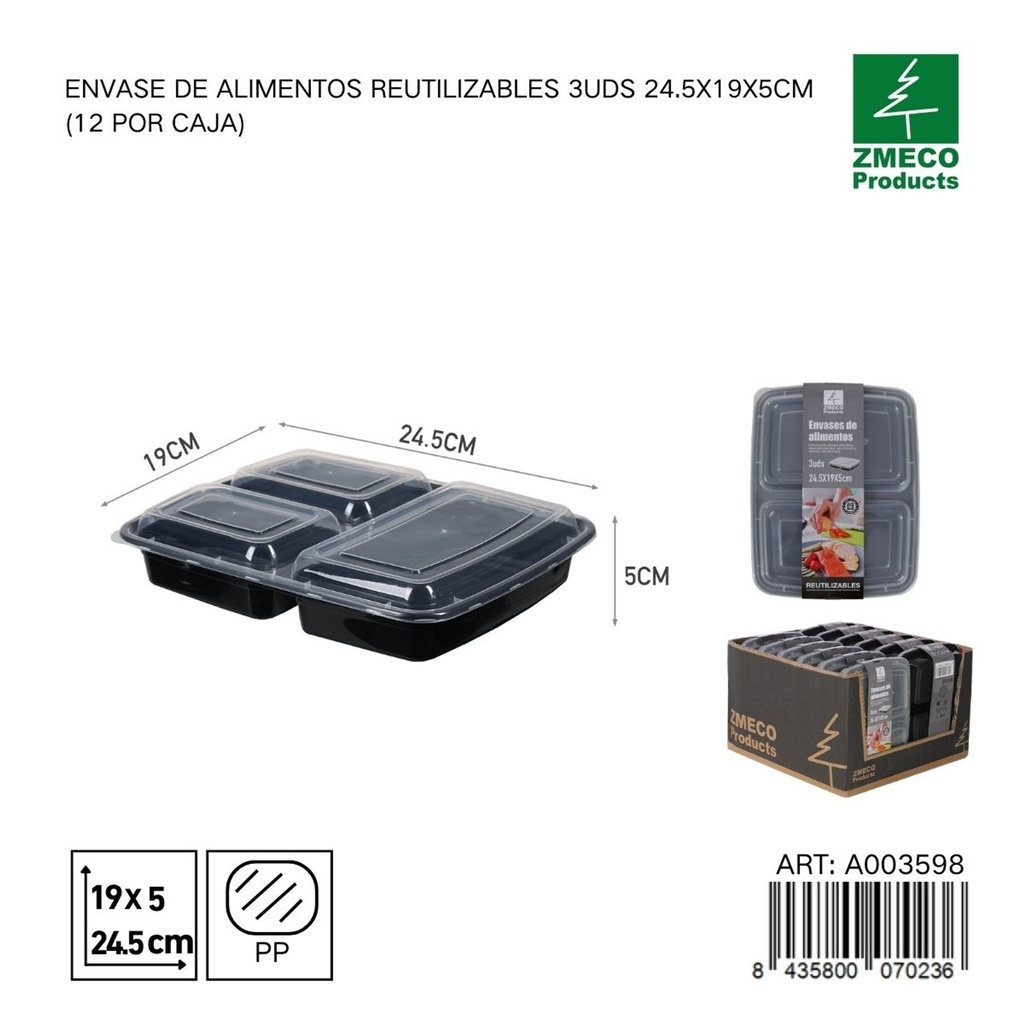 Envase de alimento reutilizable 3 unidades 24.5X19X5 cm - Almacenamiento en cocina