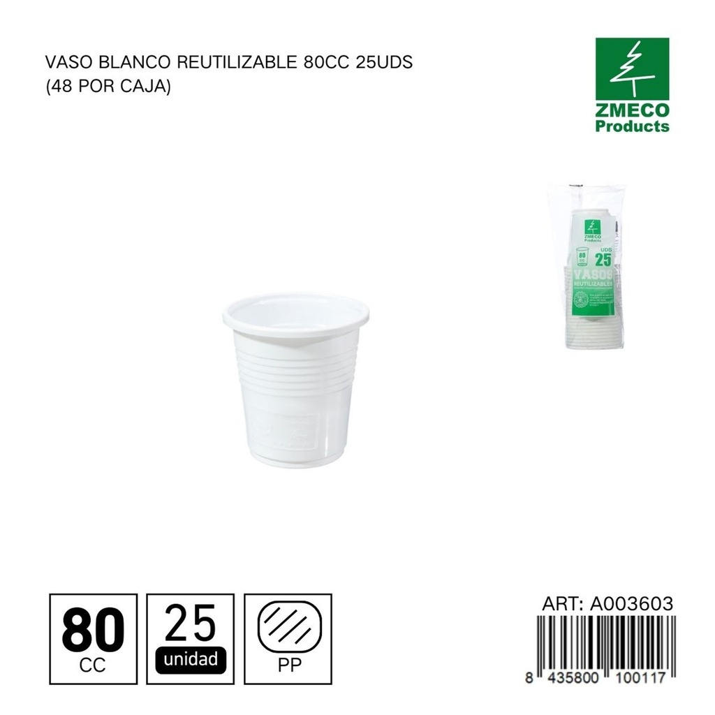 Vaso blanco reutilizable 80 cc - Paquete de 25 unidades
